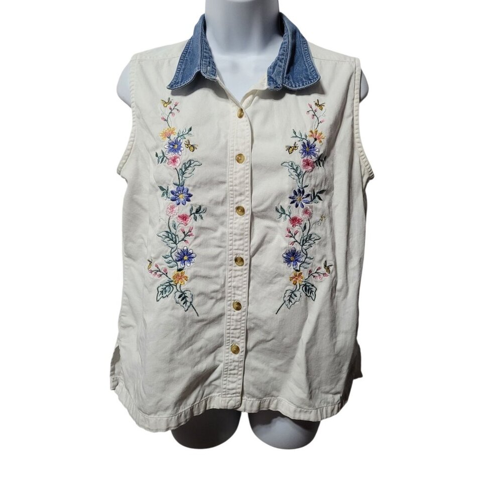 Vintage Cabin Creek Womens Shirt‎ M Sleeveless Embroidered Cotton Button Up Top